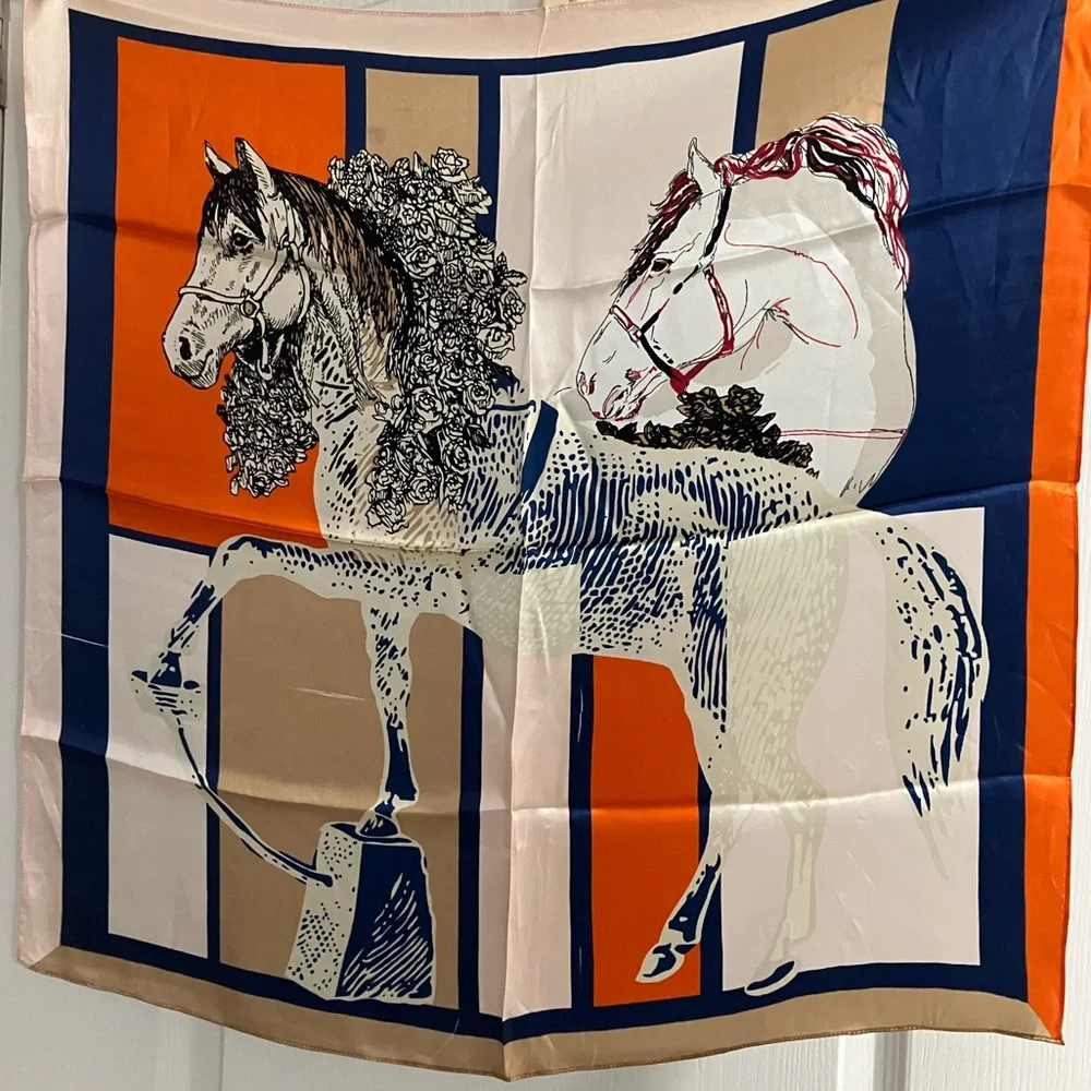 100% Silk Scarf Equestrian horses with print flaws - Picture 1 of 5